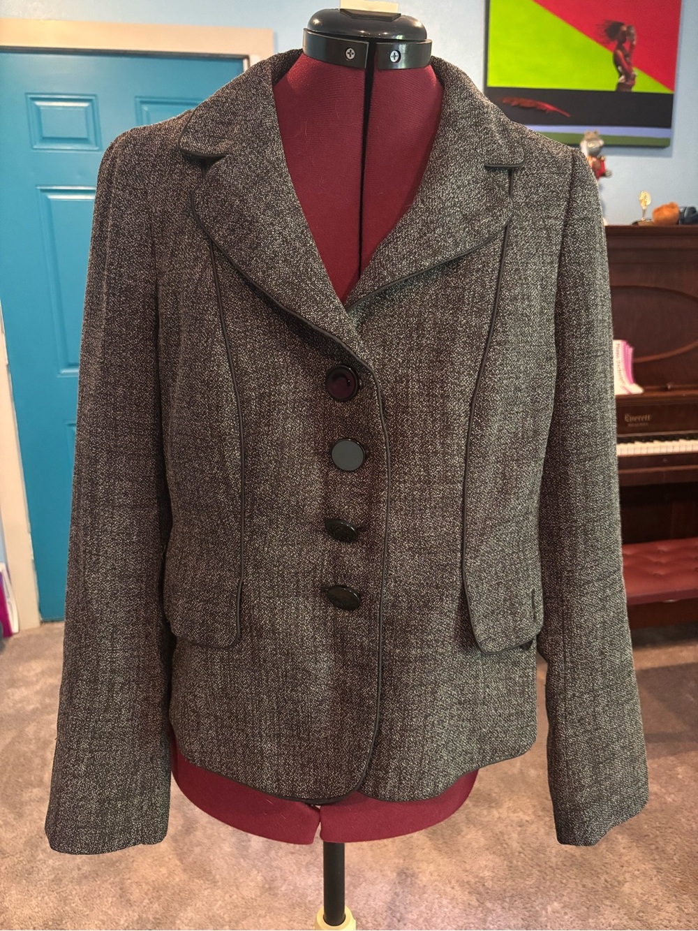 Ann Taylor Petite Gray Tweed Tailored Blazer with Notched Collar